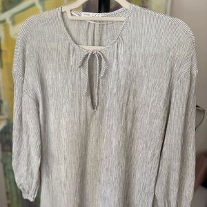 OYSHO Lightweight Striped Peasant Dress with Tie Neck - Size S